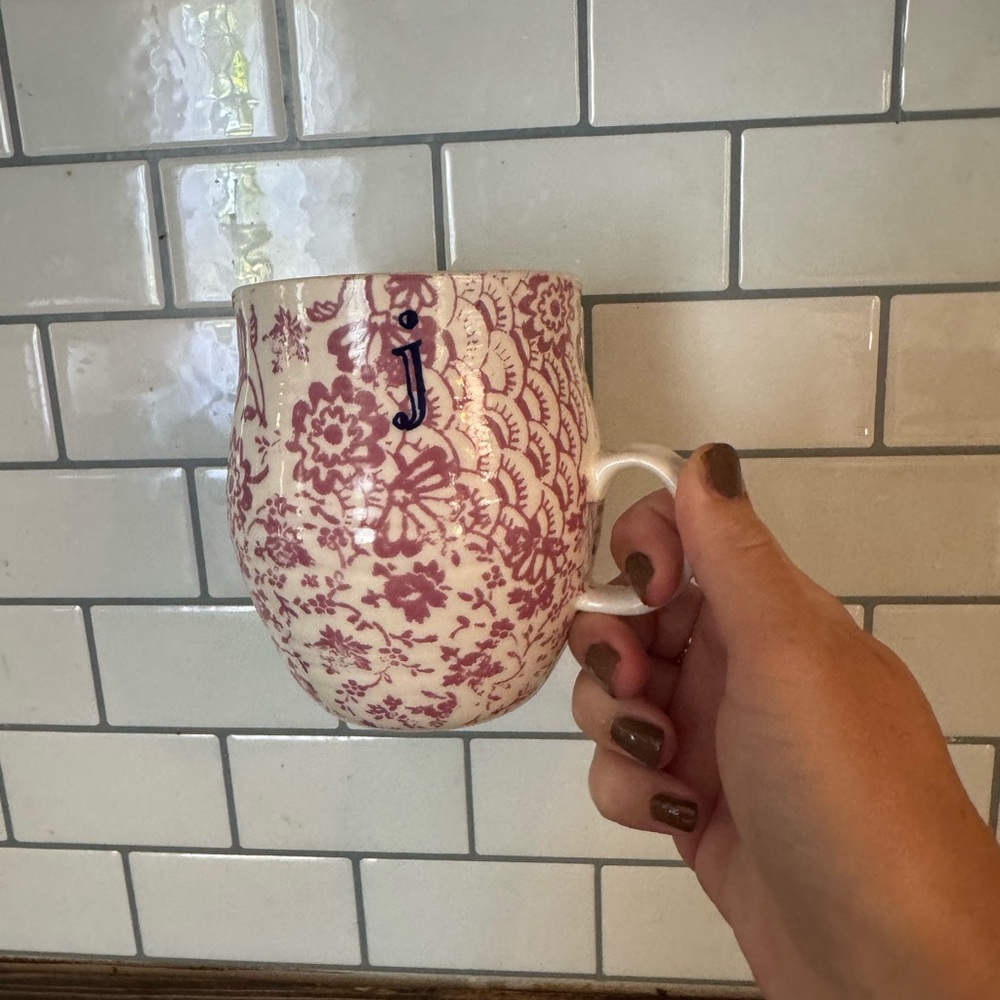 Anthropologie Pink Floral Monogram Mug